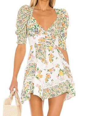 NWT For Love & Lemons Rosalyn Mini Dress in Green Garden Sz M